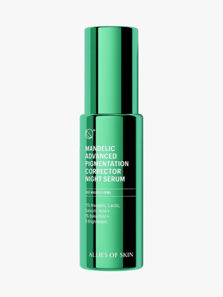 Allies of Skin Mandelic & Peptides Advanced Pigmentation Corrector Night Serum in branded component on a light gray background